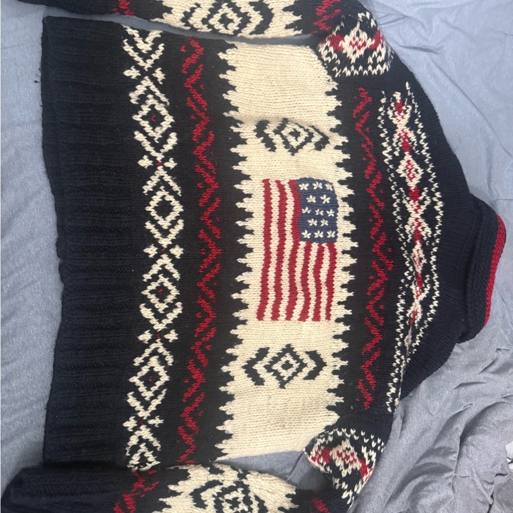 Polo by Ralph Lauren Navy Wool Hand-Knit Sweater with Cream & Red Details - Picture 4 of 6